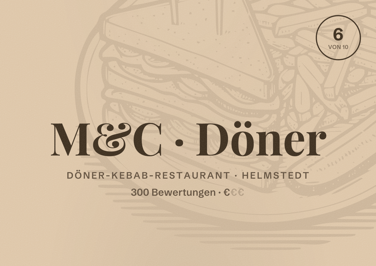 Illustriertes Poster von M&C Döner, Döner-Kebab-Restaurant in Helmstedt: Bewertung 6 von 10 aus 300 Bewertungen, Preisniveau €