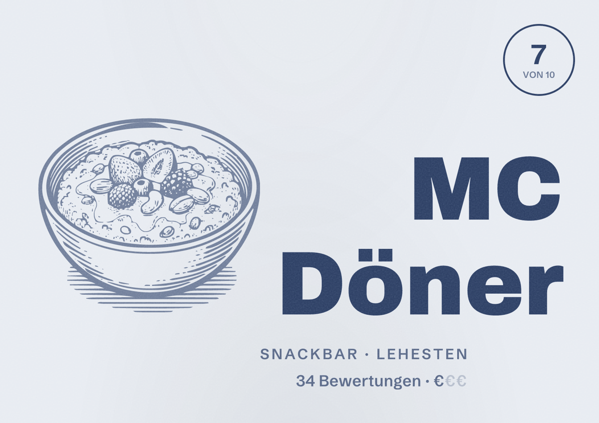 Illustriertes Poster von MC Döner, Snackbar in Lehesten: Bewertung 7 von 10 aus 34 Bewertungen, Preisniveau €
