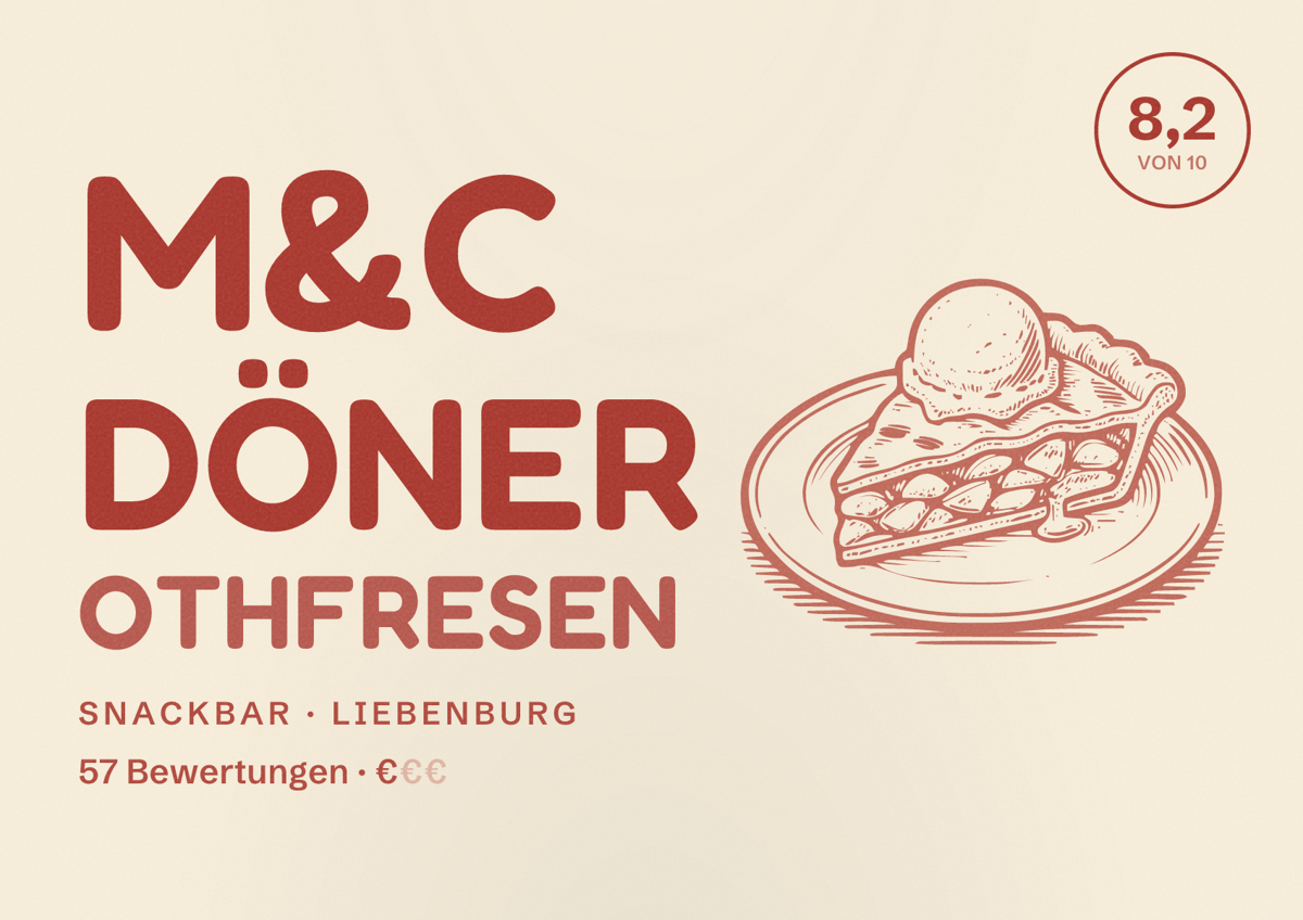 Illustriertes Poster von M&C Döner Othfresen, Snackbar in Liebenburg: Bewertung 8,2 von 10 aus 57 Bewertungen, Preisniveau €