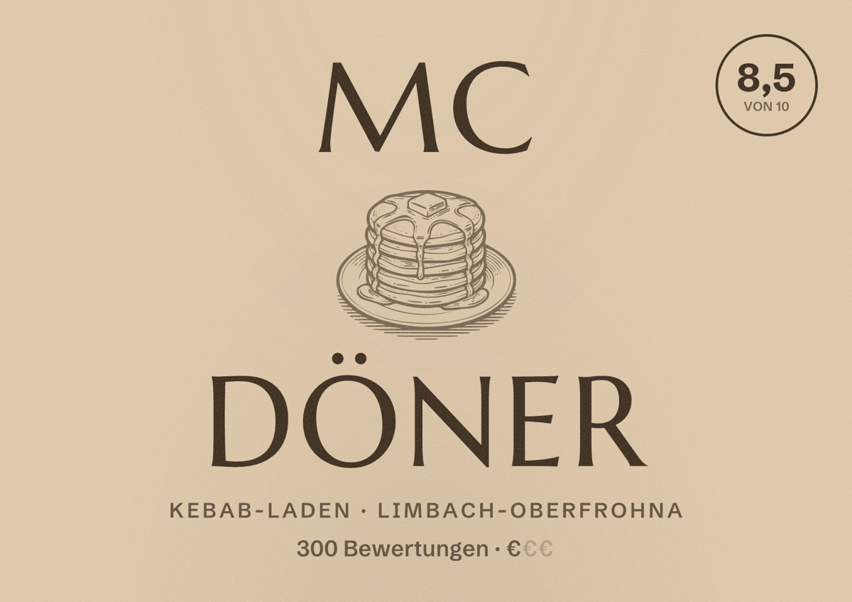 Illustriertes Poster von Mc Döner, Kebab-Laden in Limbach-Oberfrohna: Bewertung 8,5 von 10 aus 300 Bewertungen, Preisniveau €