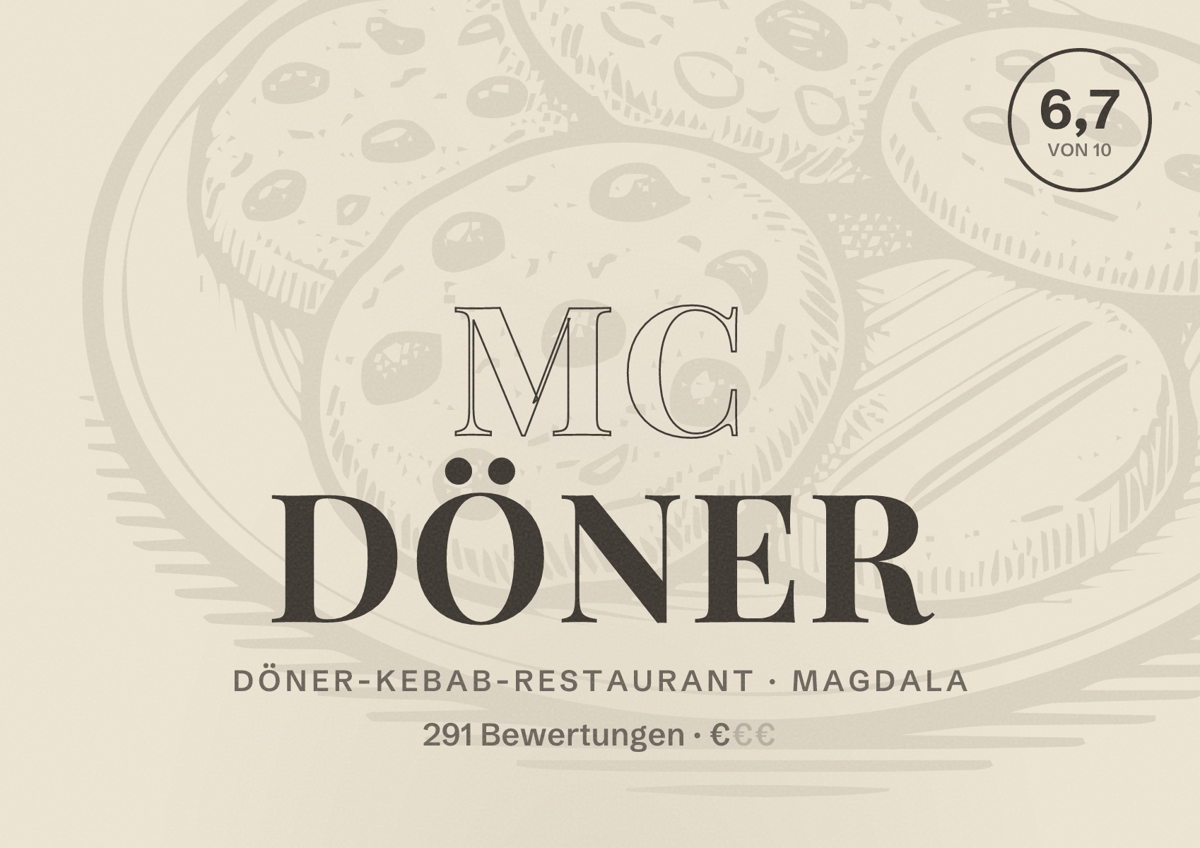 Illustriertes Poster von MC Döner, Döner-Kebab-Restaurant in Magdala: Bewertung 6,7 von 10 aus 291 Bewertungen, Preisniveau €