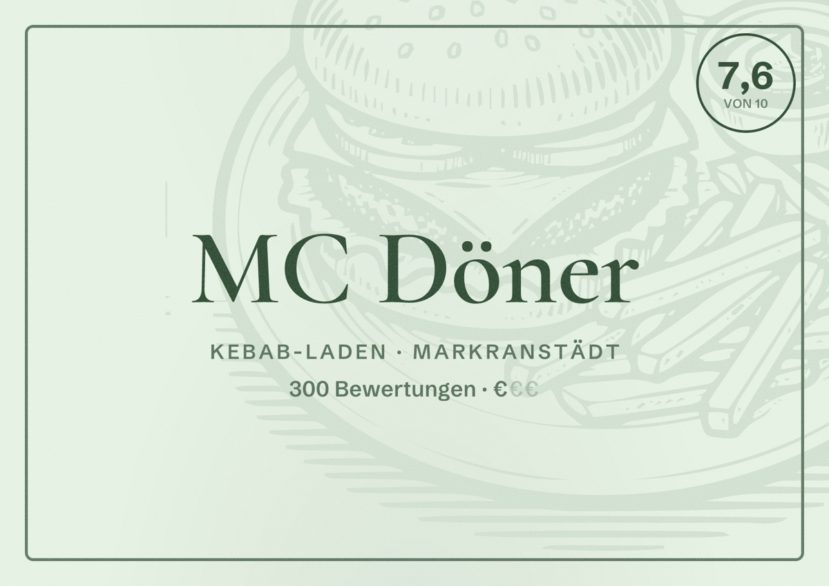 Illustriertes Poster von MC Döner, Kebab-Laden in Markranstädt: Bewertung 7,6 von 10 aus 300 Bewertungen, Preisniveau €