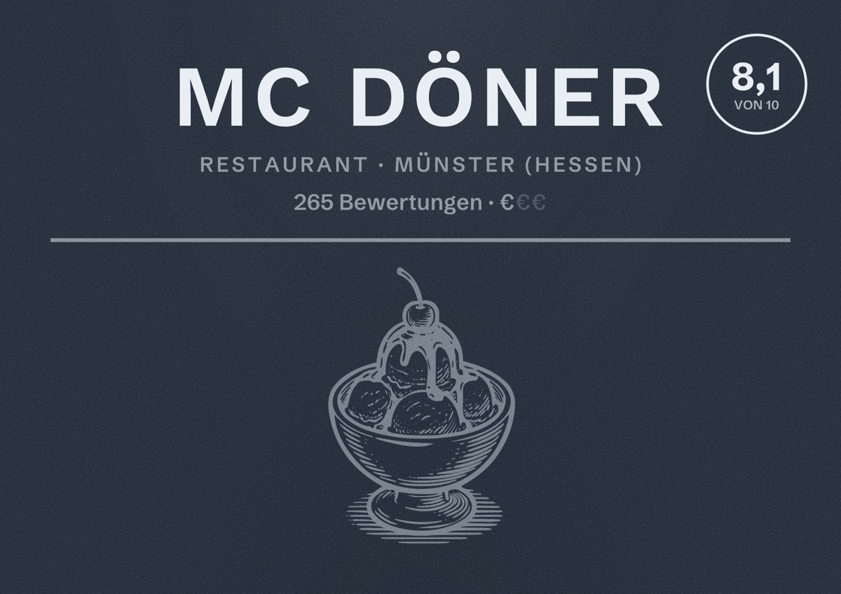 Illustriertes Poster von MC Döner, Restaurant in Münster (Hessen): Bewertung 8,1 von 10 aus 265 Bewertungen, Preisniveau €