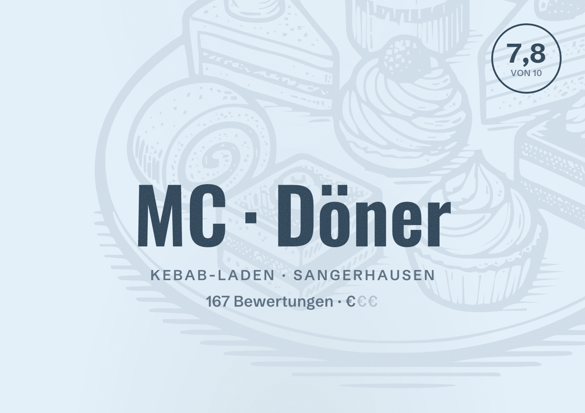 Illustriertes Poster von MC Döner, Kebab-Laden in Sangerhausen: Bewertung 7,8 von 10 aus 167 Bewertungen, Preisniveau €