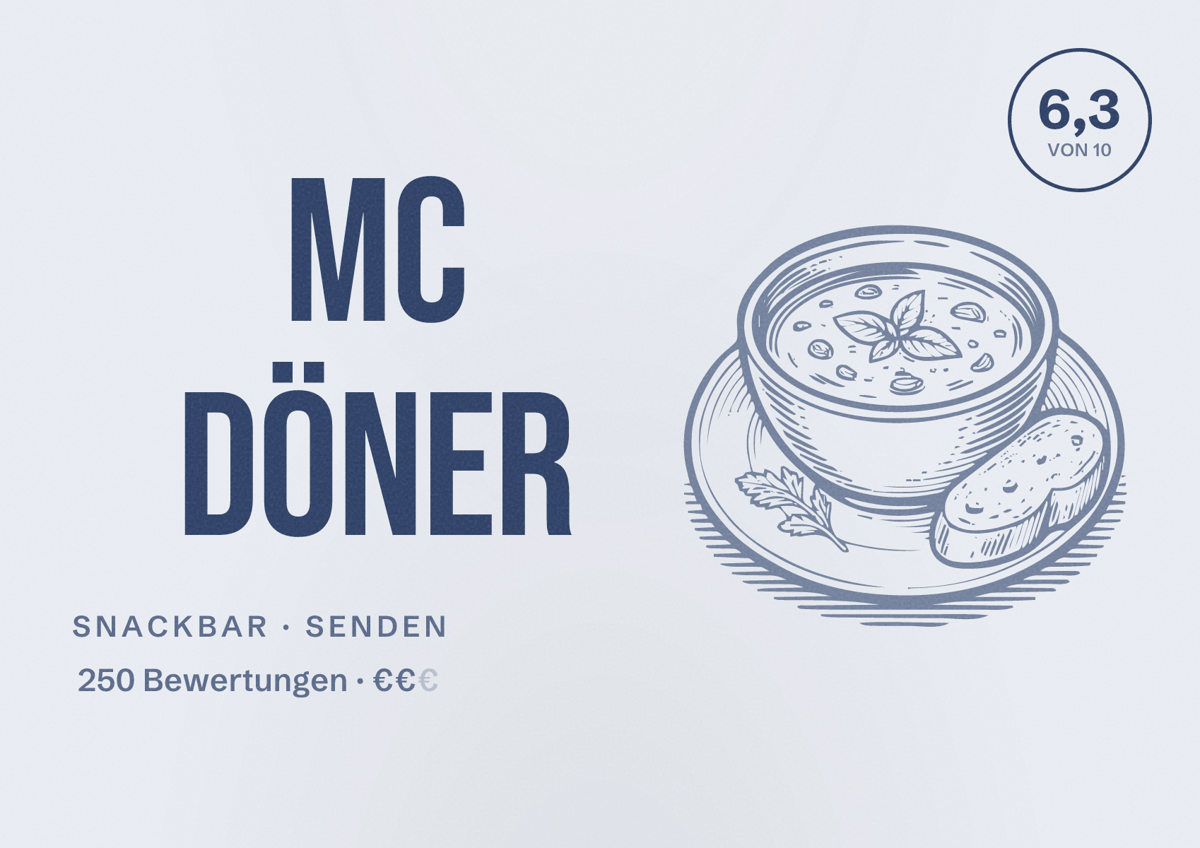 Illustriertes Poster von Mc Döner, Snackbar in Senden: Bewertung 6,3 von 10 aus 250 Bewertungen, Preisniveau €€