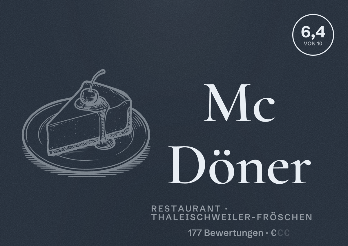 Illustriertes Poster von Mc Döner, Restaurant in Thaleischweiler-Fröschen: Bewertung 6,4 von 10 aus 177 Bewertungen, Preisniveau €