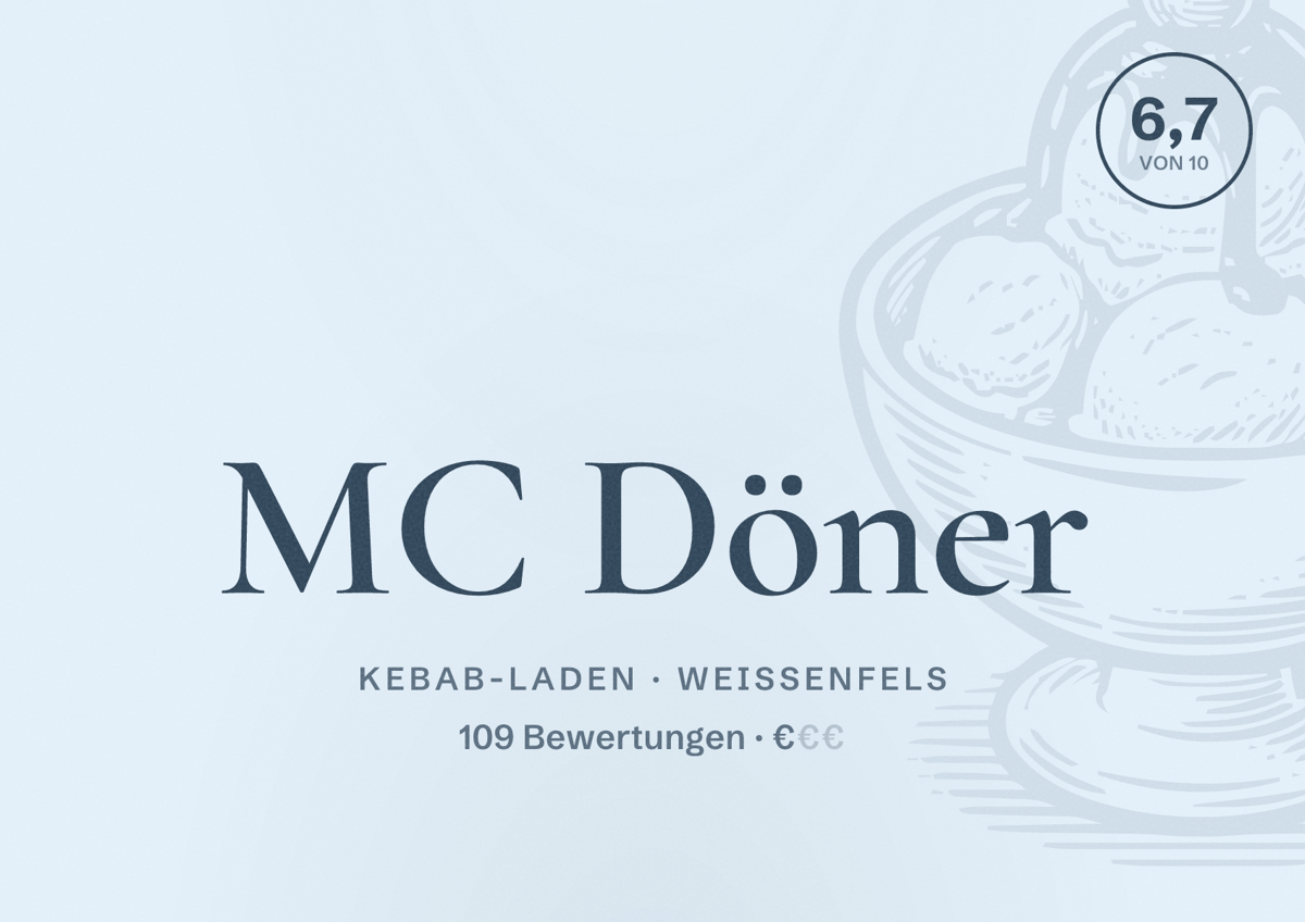 Illustriertes Poster von MC Döner, Kebab-Laden in Weißenfels: Bewertung 6,7 von 10 aus 109 Bewertungen, Preisniveau €