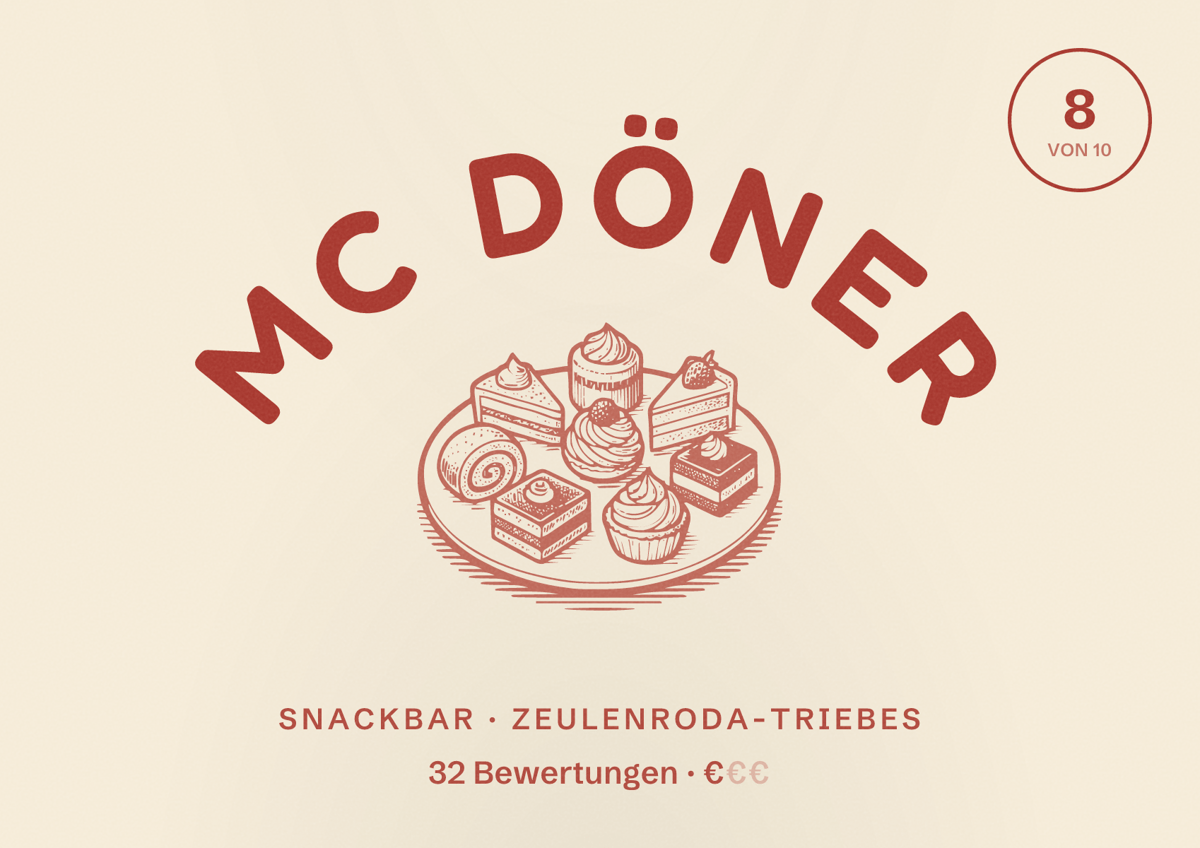 Illustriertes Poster von MC Döner, Snackbar in Zeulenroda-Triebes: Bewertung 8 von 10 aus 32 Bewertungen, Preisniveau €