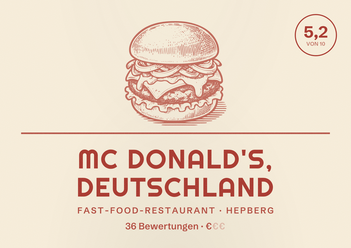 Illustriertes Poster von Mc Donald's, Deutschland, Fast-Food-Restaurant in Hepberg: Bewertung 5,2 von 10 aus 36 Bewertungen, Preisniveau €