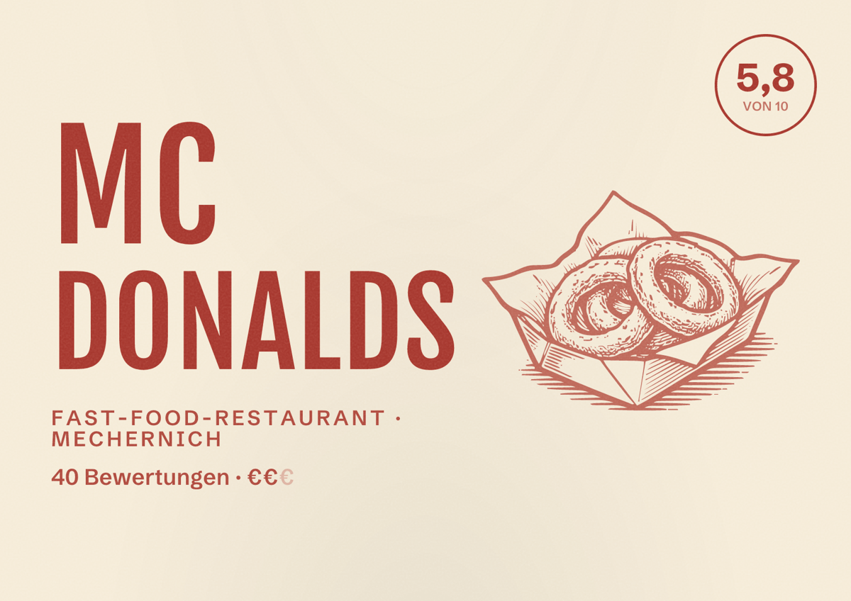 Illustriertes Poster von Mc Donalds, Fast-Food-Restaurant in Mechernich: Bewertung 5,8 von 10 aus 40 Bewertungen, Preisniveau €€