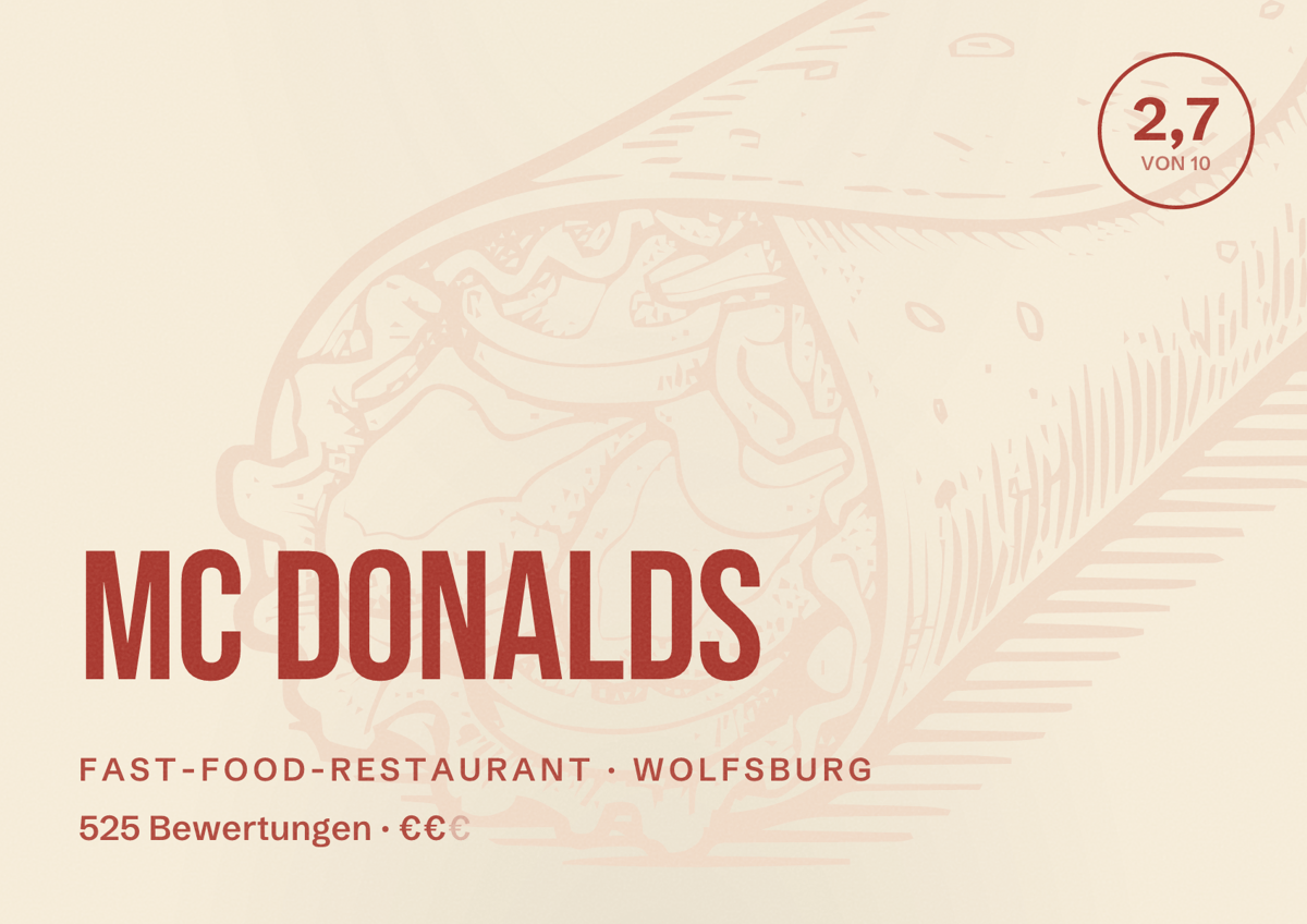 Illustriertes Poster von MC Donalds, Fast-Food-Restaurant in Wolfsburg: Bewertung 2,7 von 10 aus 525 Bewertungen, Preisniveau €€
