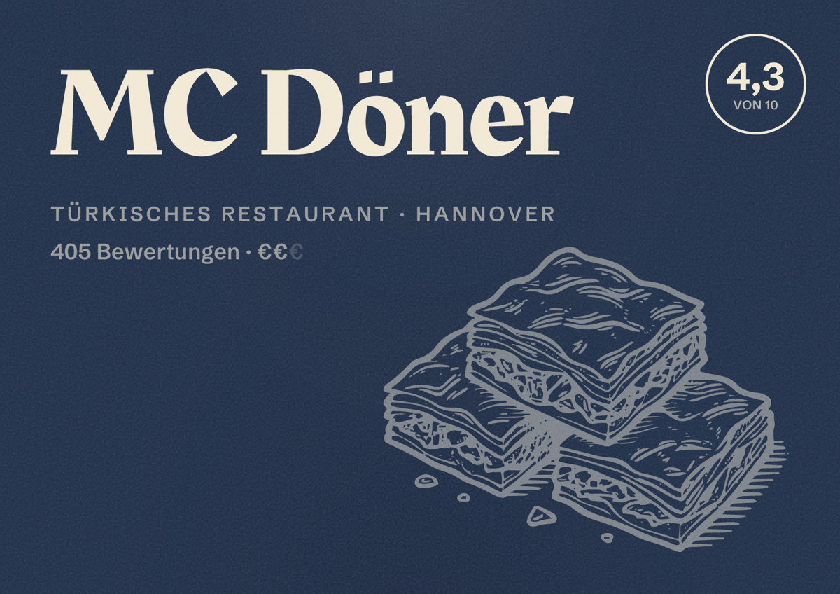 Illustriertes Poster von MC Döner, Türkisches Restaurant in Hannover: Bewertung 4,3 von 10 aus 405 Bewertungen, Preisniveau €€