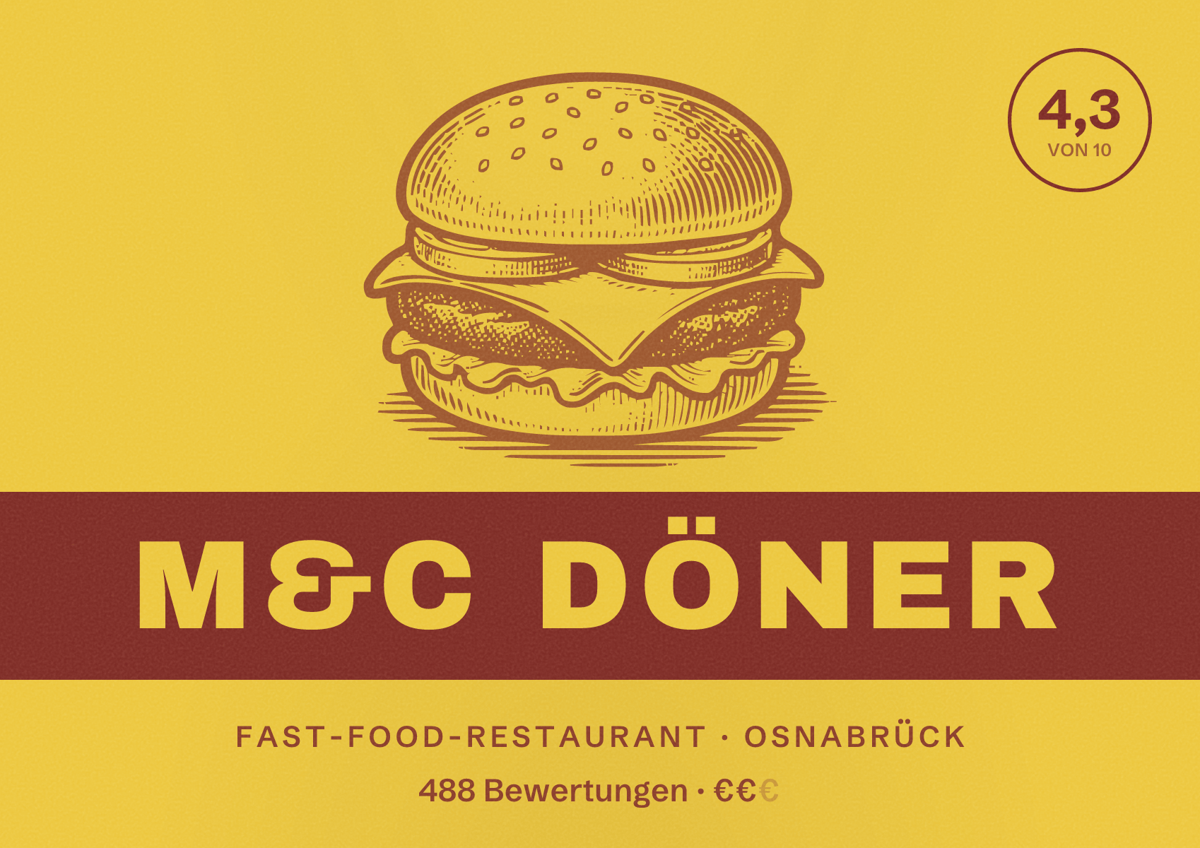 Illustriertes Poster von M&C Döner, Fast-Food-Restaurant in Osnabrück: Bewertung 4,3 von 10 aus 488 Bewertungen, Preisniveau €€