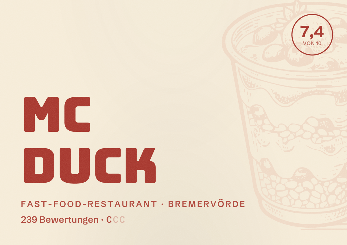 Illustriertes Poster von Mc Duck, Fast-Food-Restaurant in Bremervörde: Bewertung 7,4 von 10 aus 239 Bewertungen, Preisniveau €
