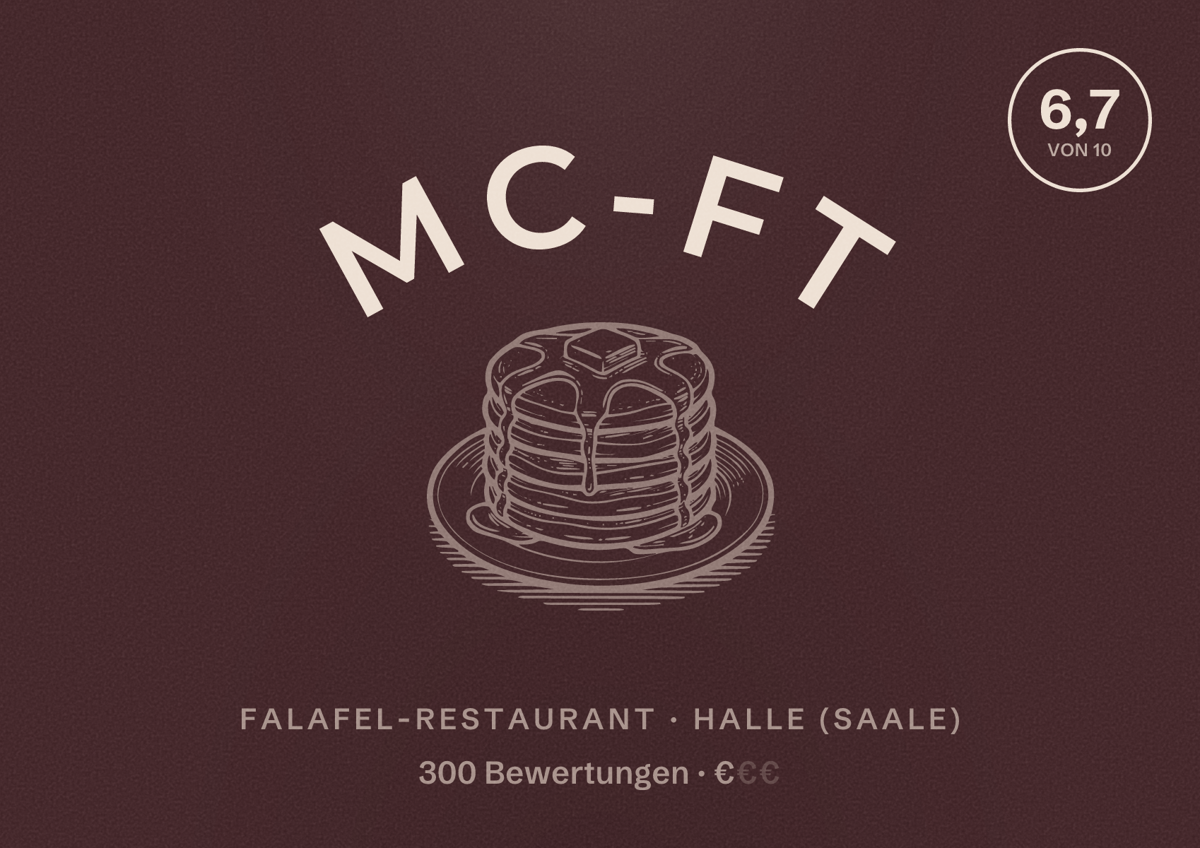 Illustriertes Poster von MC-FT, Falafel-Restaurant in Halle (Saale): Bewertung 6,7 von 10 aus 300 Bewertungen, Preisniveau €