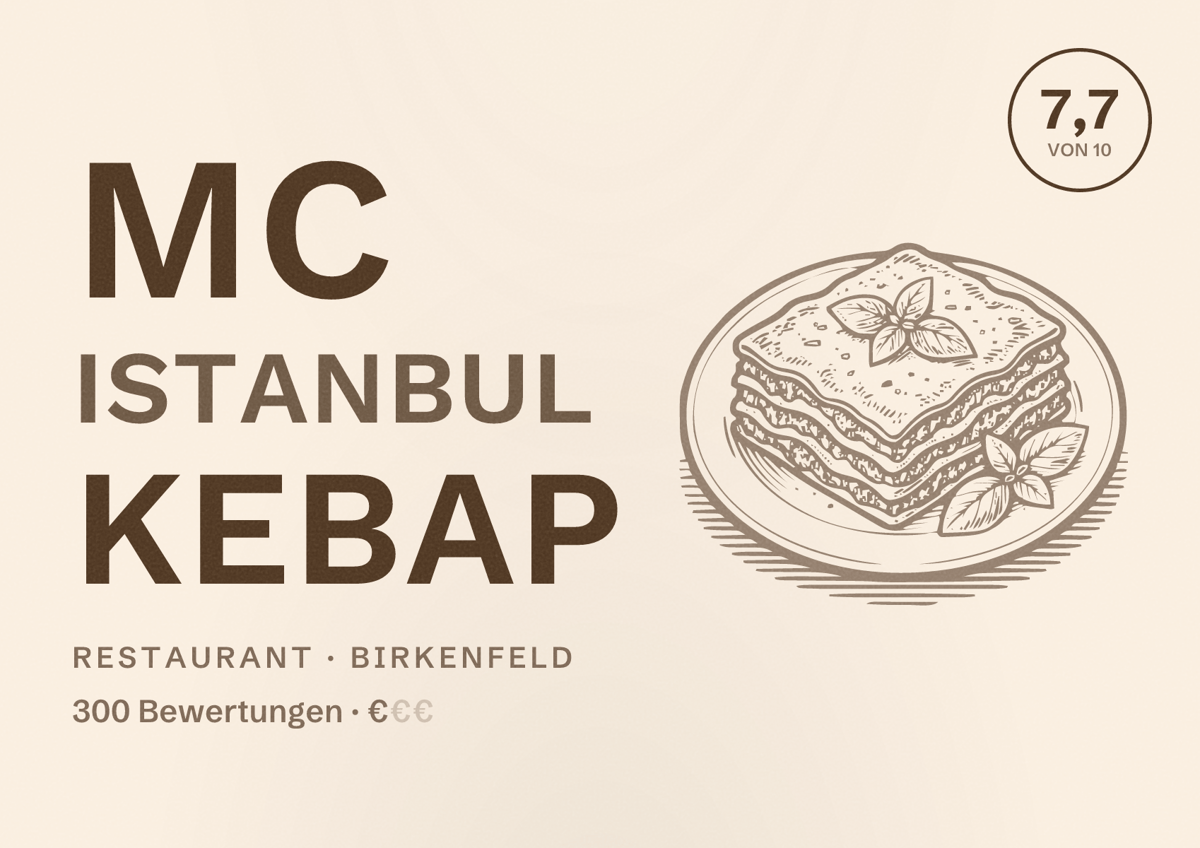 Illustriertes Poster von Mc Istanbul Kebap, Restaurant in Birkenfeld: Bewertung 7,7 von 10 aus 300 Bewertungen, Preisniveau €