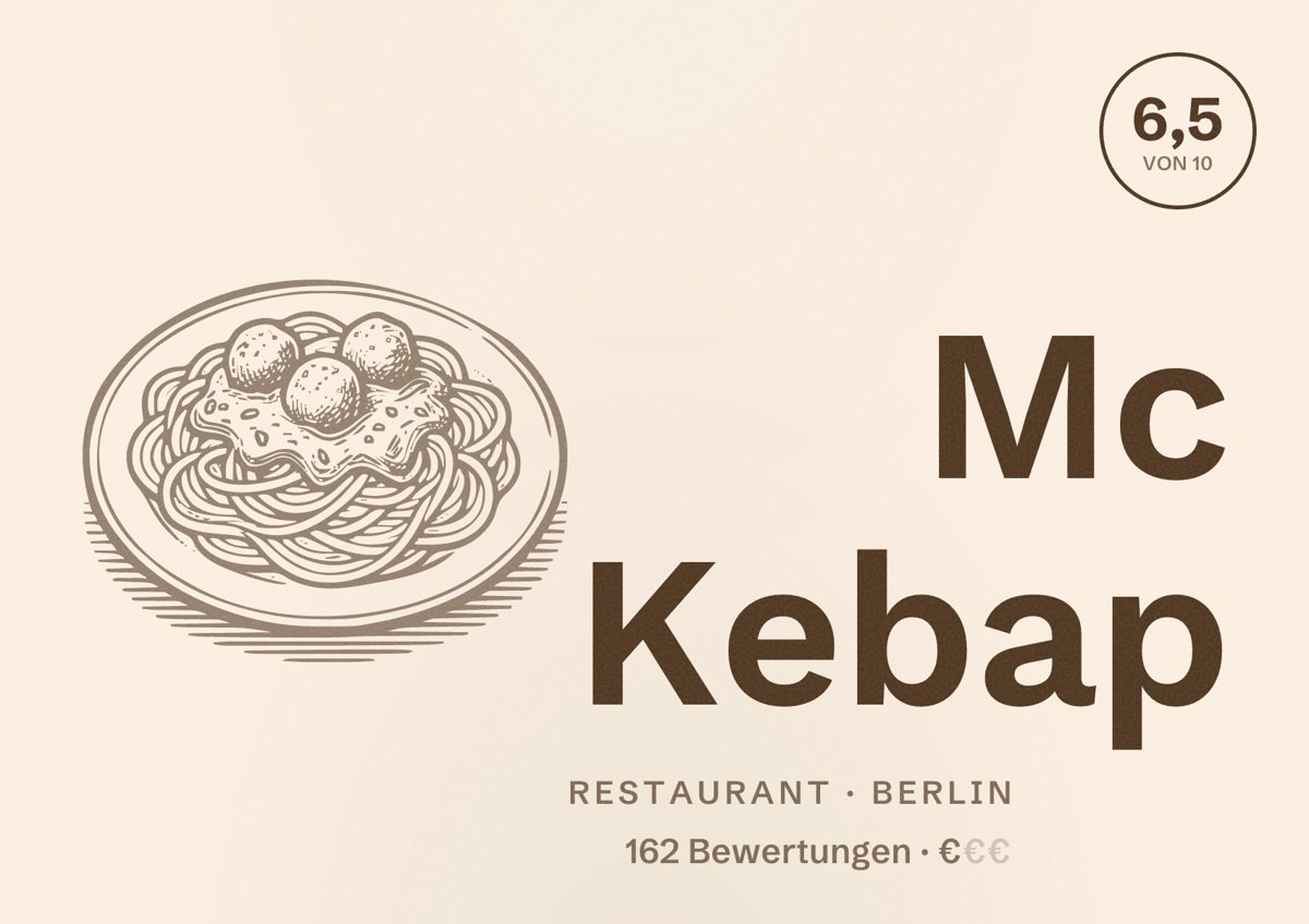 Illustriertes Poster von Mc Kebap, Restaurant in Berlin: Bewertung 6,5 von 10 aus 162 Bewertungen, Preisniveau €