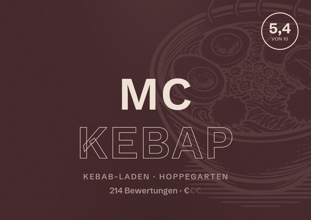 Illustriertes Poster von MC Kebap, Kebab-Laden in Hoppegarten: Bewertung 5,4 von 10 aus 214 Bewertungen, Preisniveau €