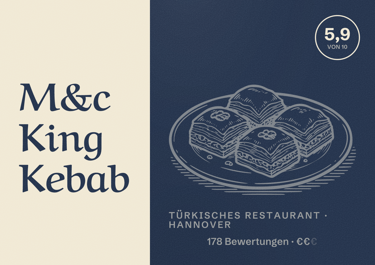 Illustriertes Poster von M&c King Kebab, Türkisches Restaurant in Hannover: Bewertung 5,9 von 10 aus 178 Bewertungen, Preisniveau €€