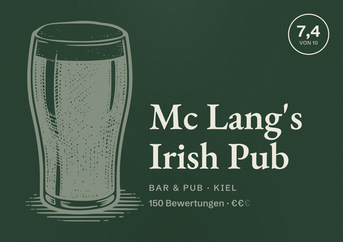 Illustriertes Poster von Mc Lang's Irish Pub, Bar & Pub in Kiel: Bewertung 7,4 von 10 aus 150 Bewertungen, Preisniveau €€