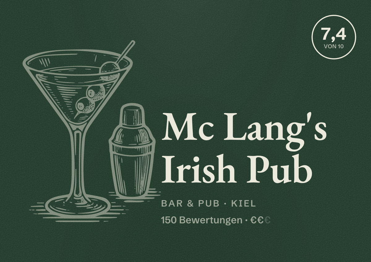 Illustriertes Poster von Mc Lang's Irish Pub, Bar & Pub in Kiel: Bewertung 7,4 von 10 aus 150 Bewertungen, Preisniveau €€