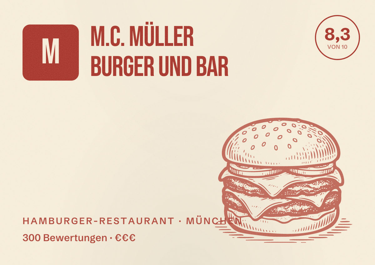 Illustriertes Poster von M.C. Müller Burger und Bar, Hamburger-Restaurant in München: Bewertung 8,3 von 10 aus 300 Bewertungen, Preisniveau €€€