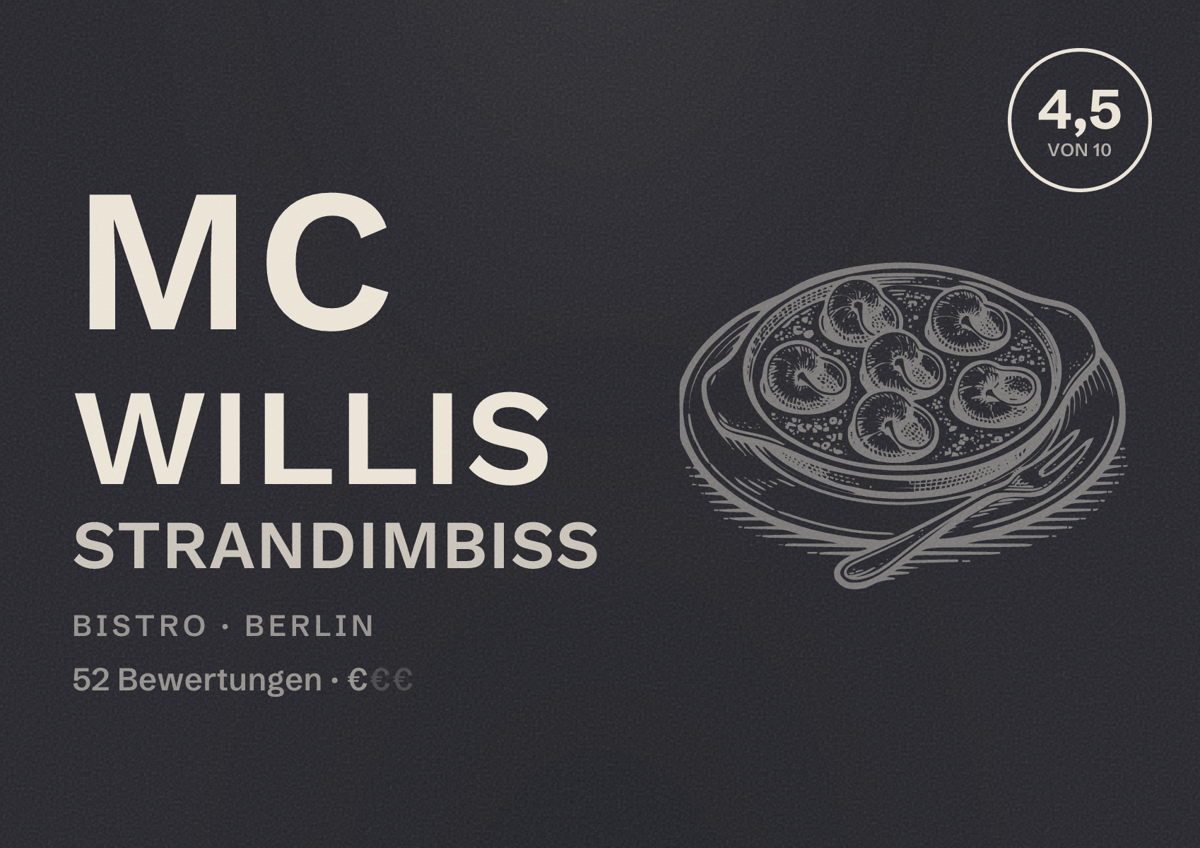 Illustriertes Poster von Mc Willis Strandimbiss, Bistro in Berlin: Bewertung 4,5 von 10 aus 52 Bewertungen, Preisniveau €
