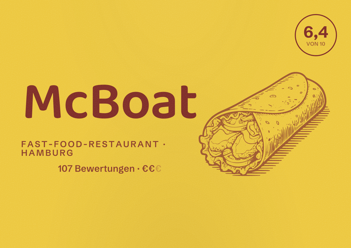 Illustriertes Poster von McBoat, Fast-Food-Restaurant in Hamburg: Bewertung 6,4 von 10 aus 107 Bewertungen, Preisniveau €€