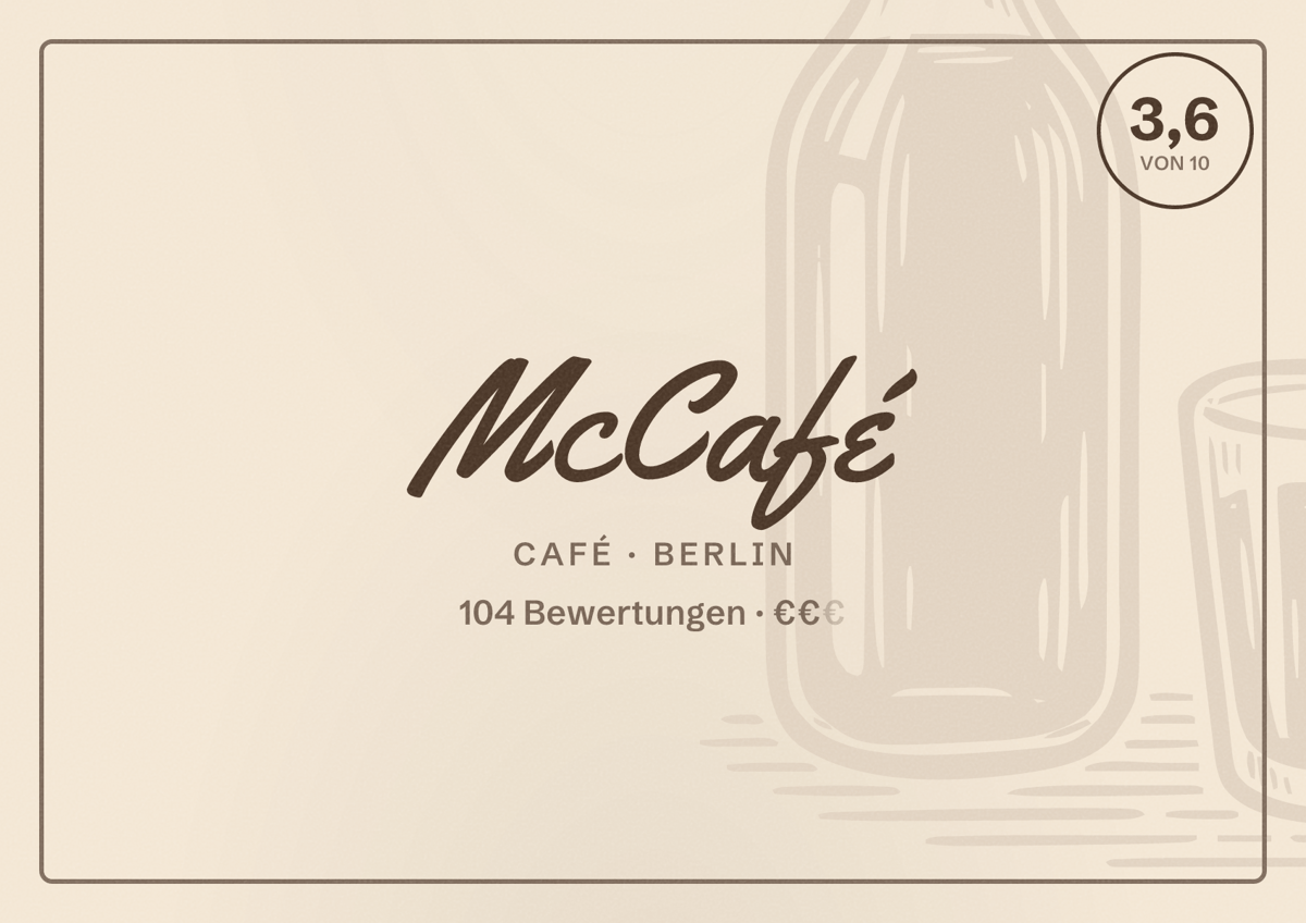 Illustriertes Poster von McCafé, Café in Berlin: Bewertung 3,6 von 10 aus 104 Bewertungen, Preisniveau €€