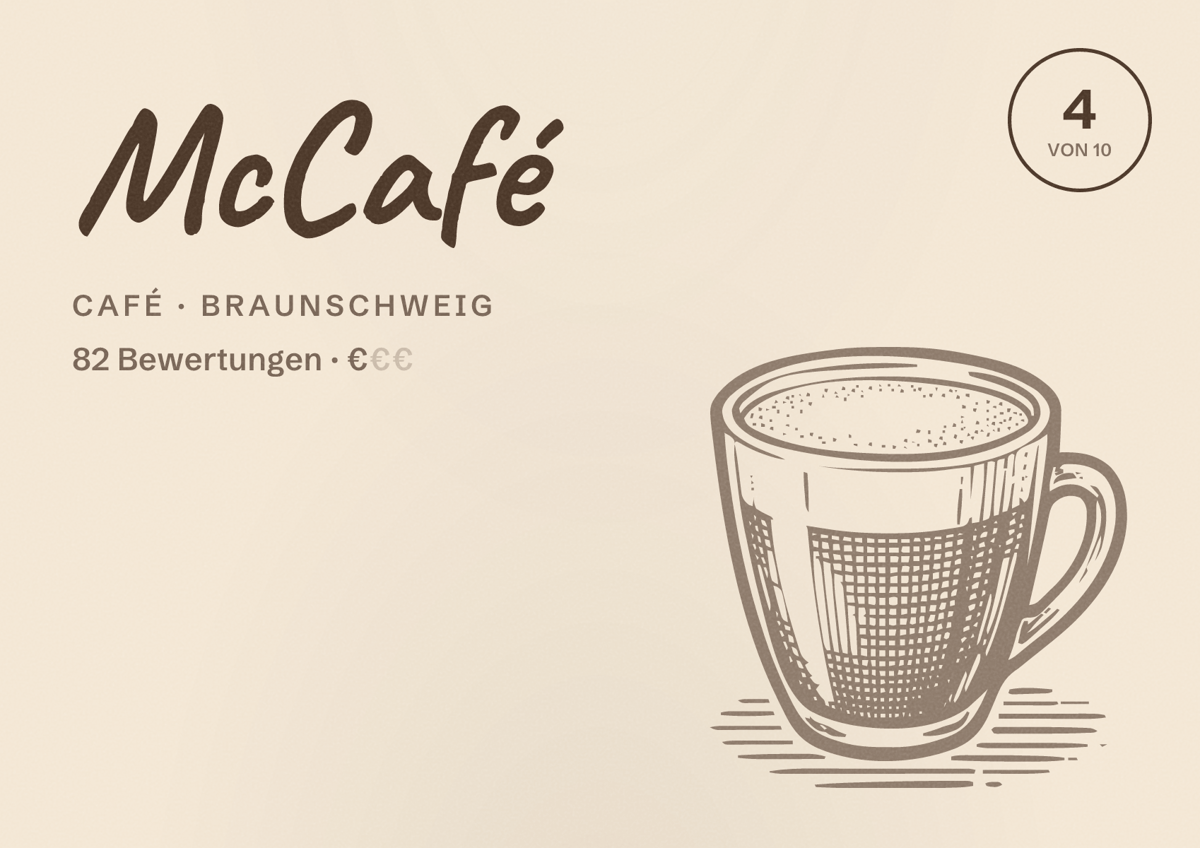 Illustriertes Poster von McCafé, Café in Braunschweig: Bewertung 4 von 10 aus 82 Bewertungen, Preisniveau €