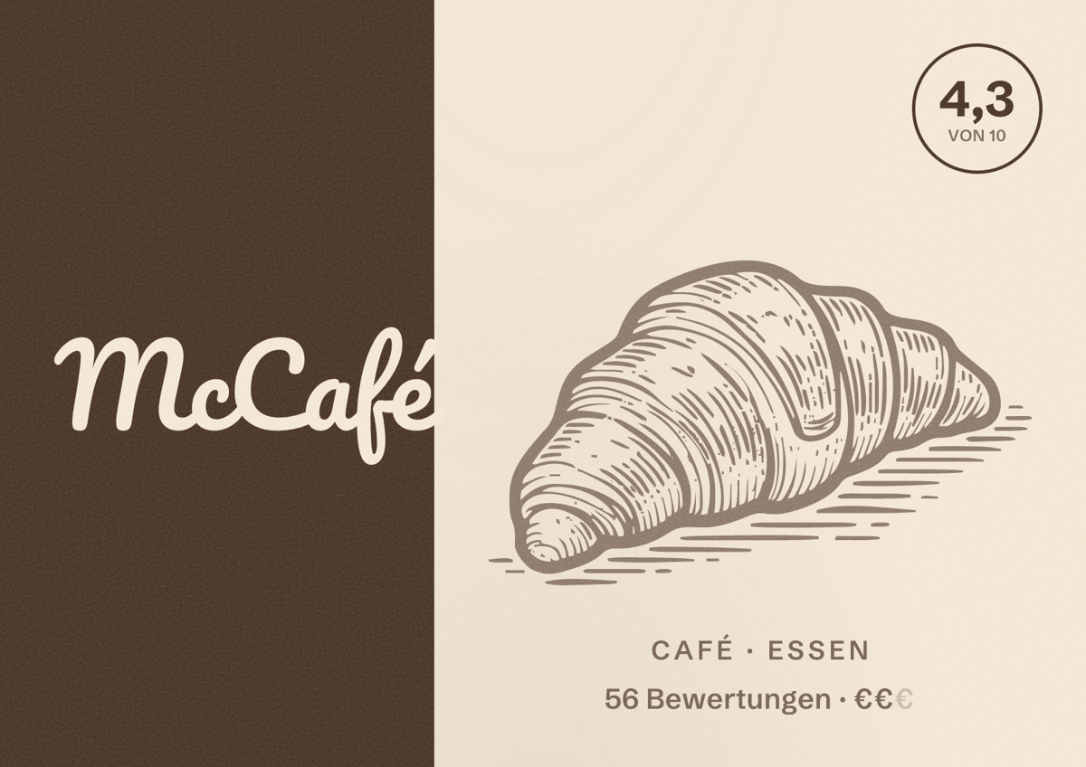 Illustriertes Poster von McCafé, Café in Essen: Bewertung 4,3 von 10 aus 56 Bewertungen, Preisniveau €€