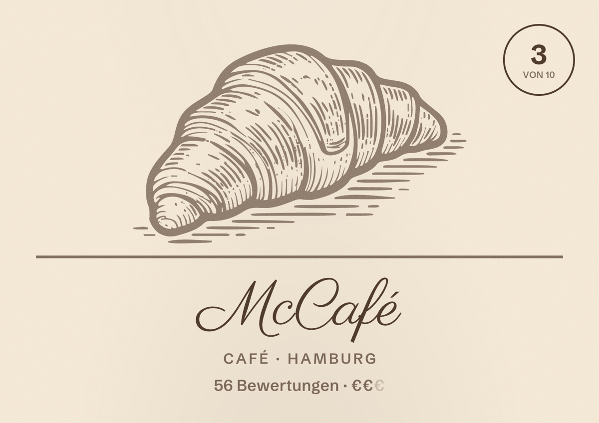 Illustriertes Poster von McCafé, Café in Hamburg: Bewertung 3,0 von 10 aus 56 Bewertungen, Preisniveau €€