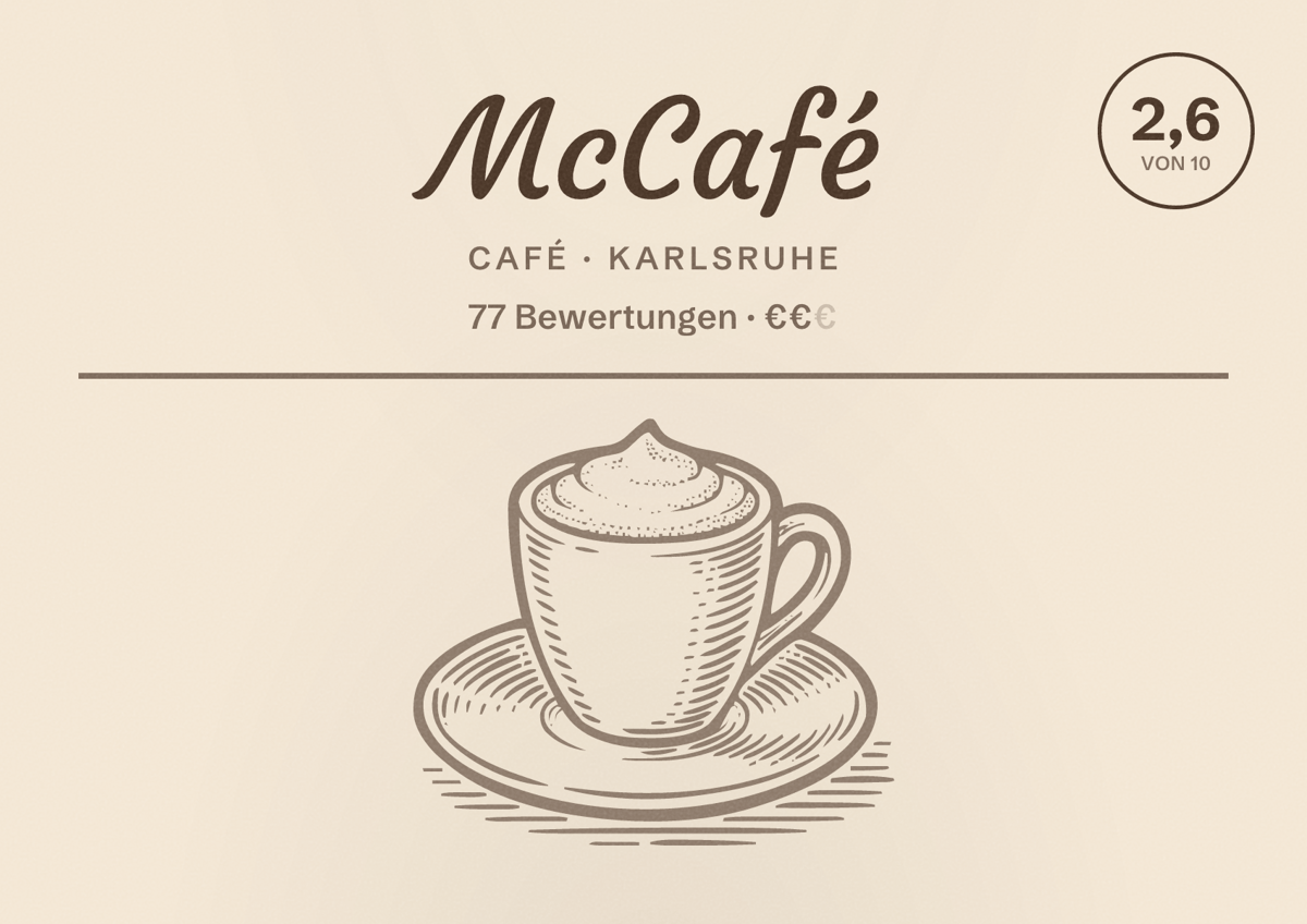 Illustriertes Poster von McCafé, Café in Karlsruhe: Bewertung 2,6 von 10 aus 77 Bewertungen, Preisniveau €€
