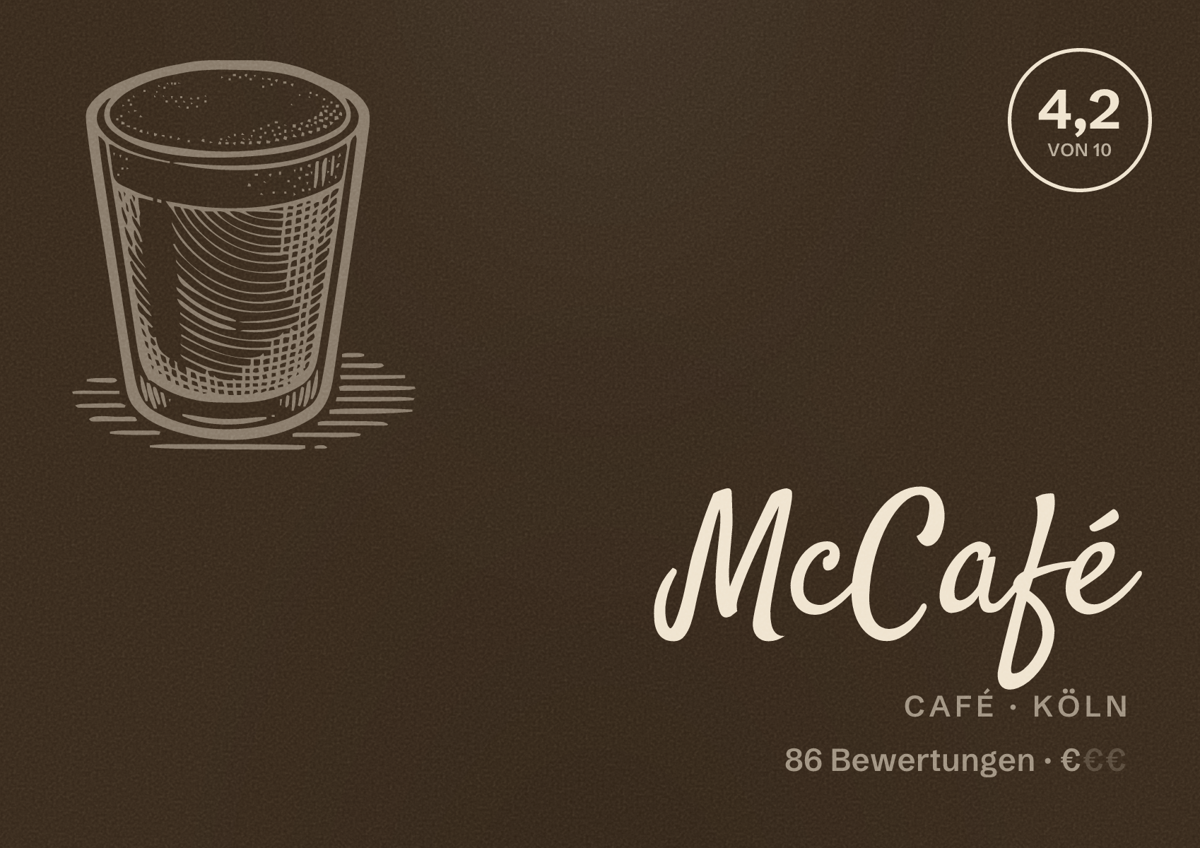 Illustriertes Poster von McCafé, Café in Köln: Bewertung 4,2 von 10 aus 86 Bewertungen, Preisniveau €
