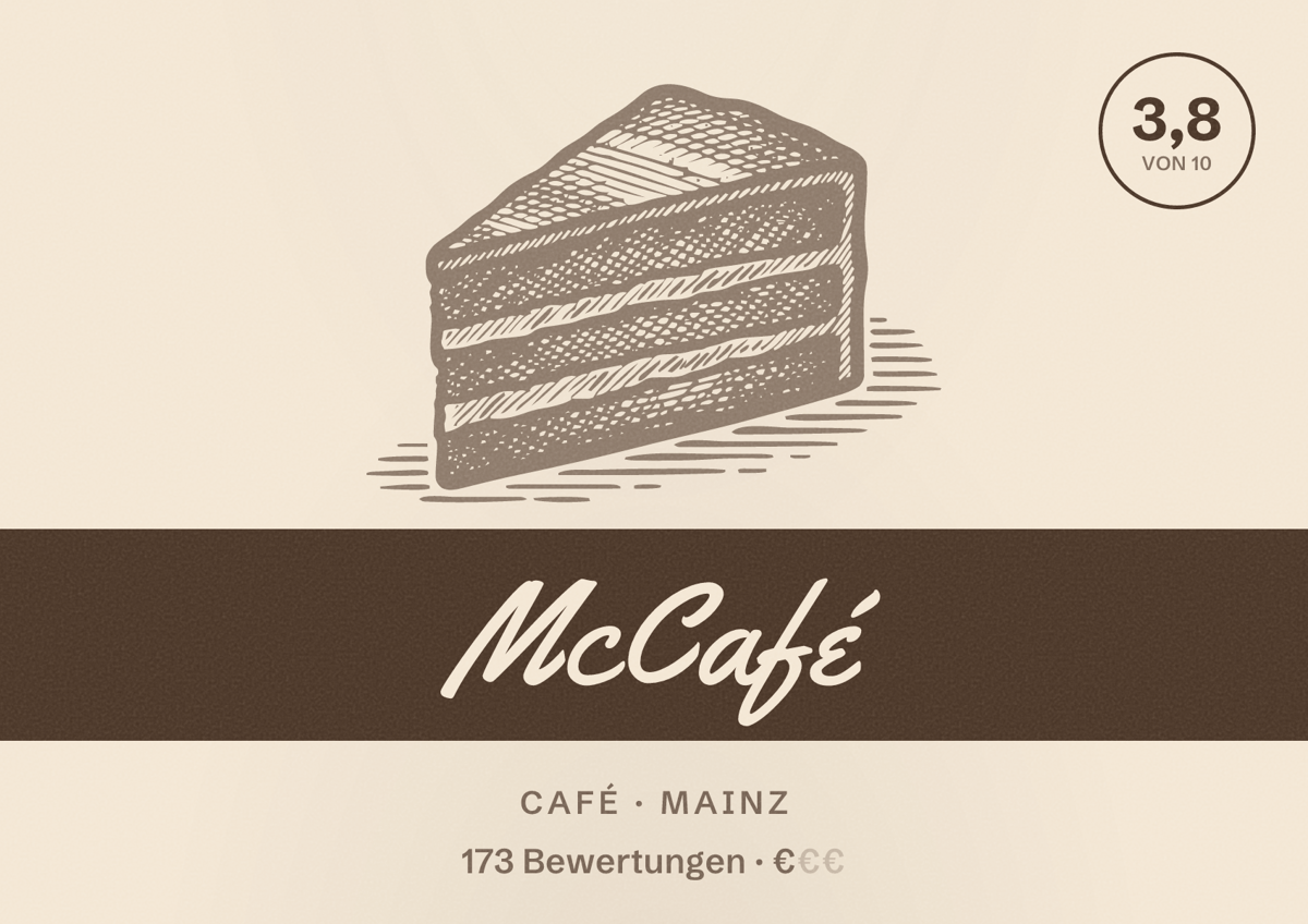 Illustriertes Poster von McCafé, Café in Mainz: Bewertung 3,8 von 10 aus 173 Bewertungen, Preisniveau €