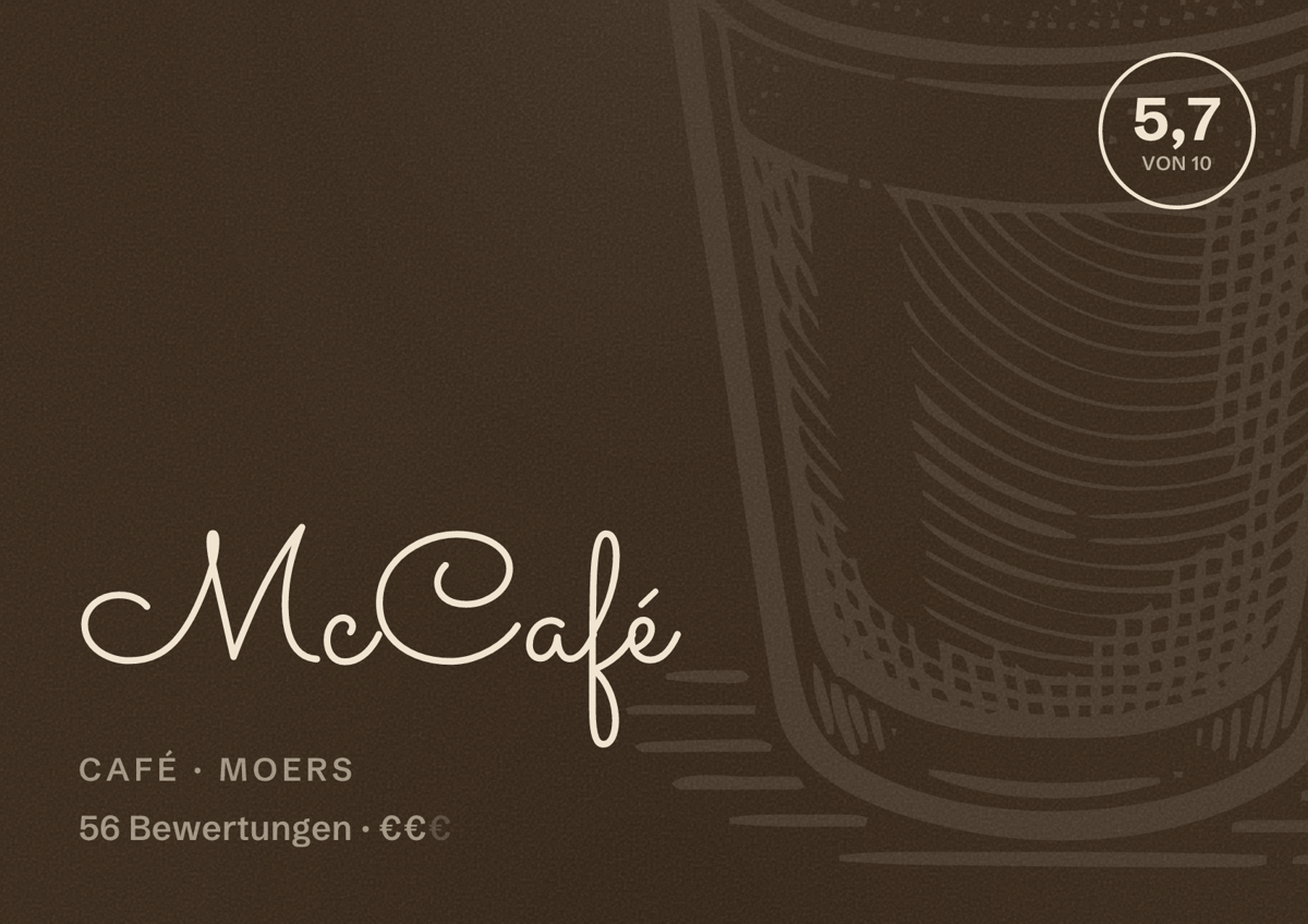 Illustriertes Poster von McCafé, Café in Moers: Bewertung 5,7 von 10 aus 56 Bewertungen, Preisniveau €€