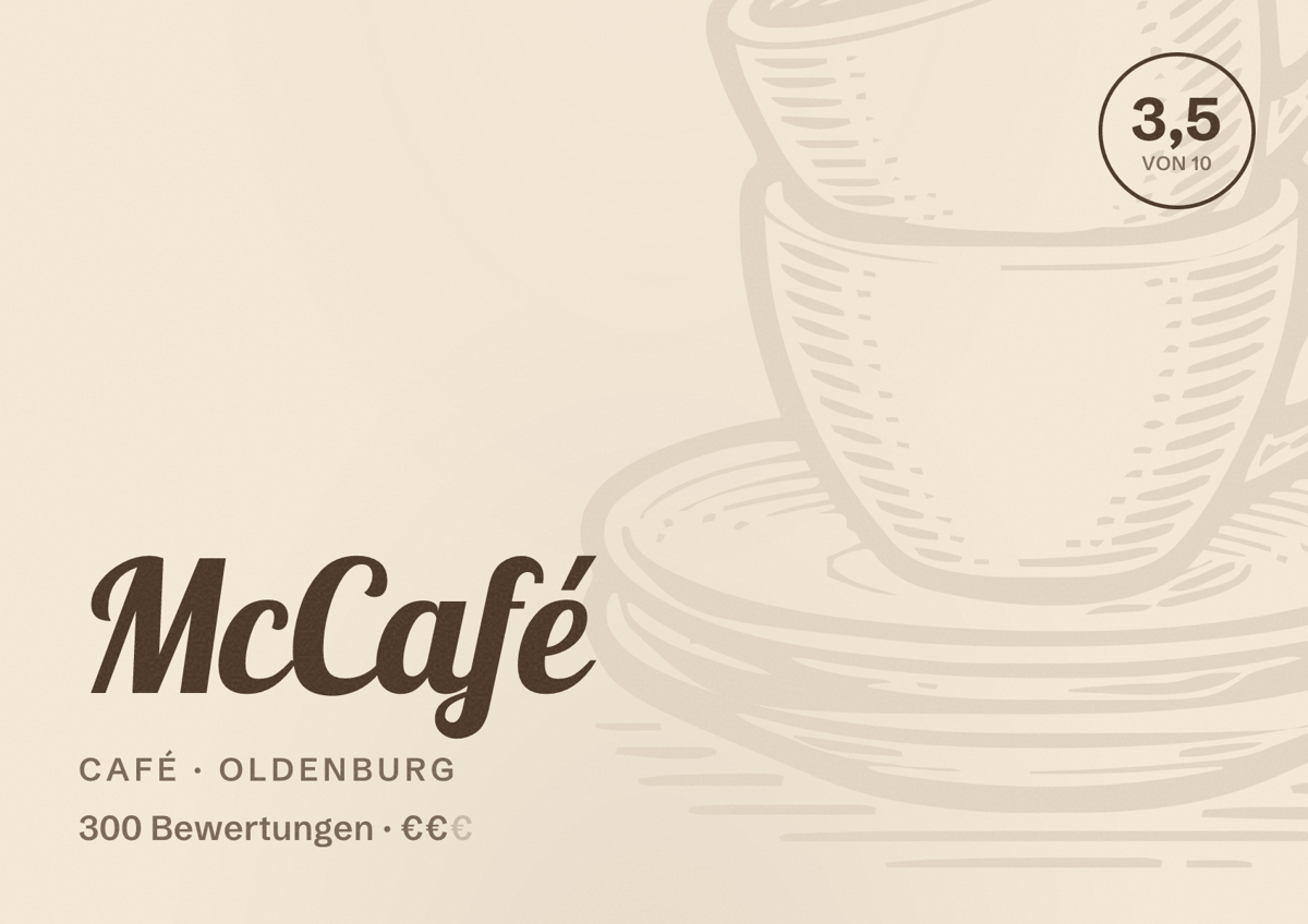Illustriertes Poster von McCafé, Café in Oldenburg: Bewertung 3,5 von 10 aus 300 Bewertungen, Preisniveau €€