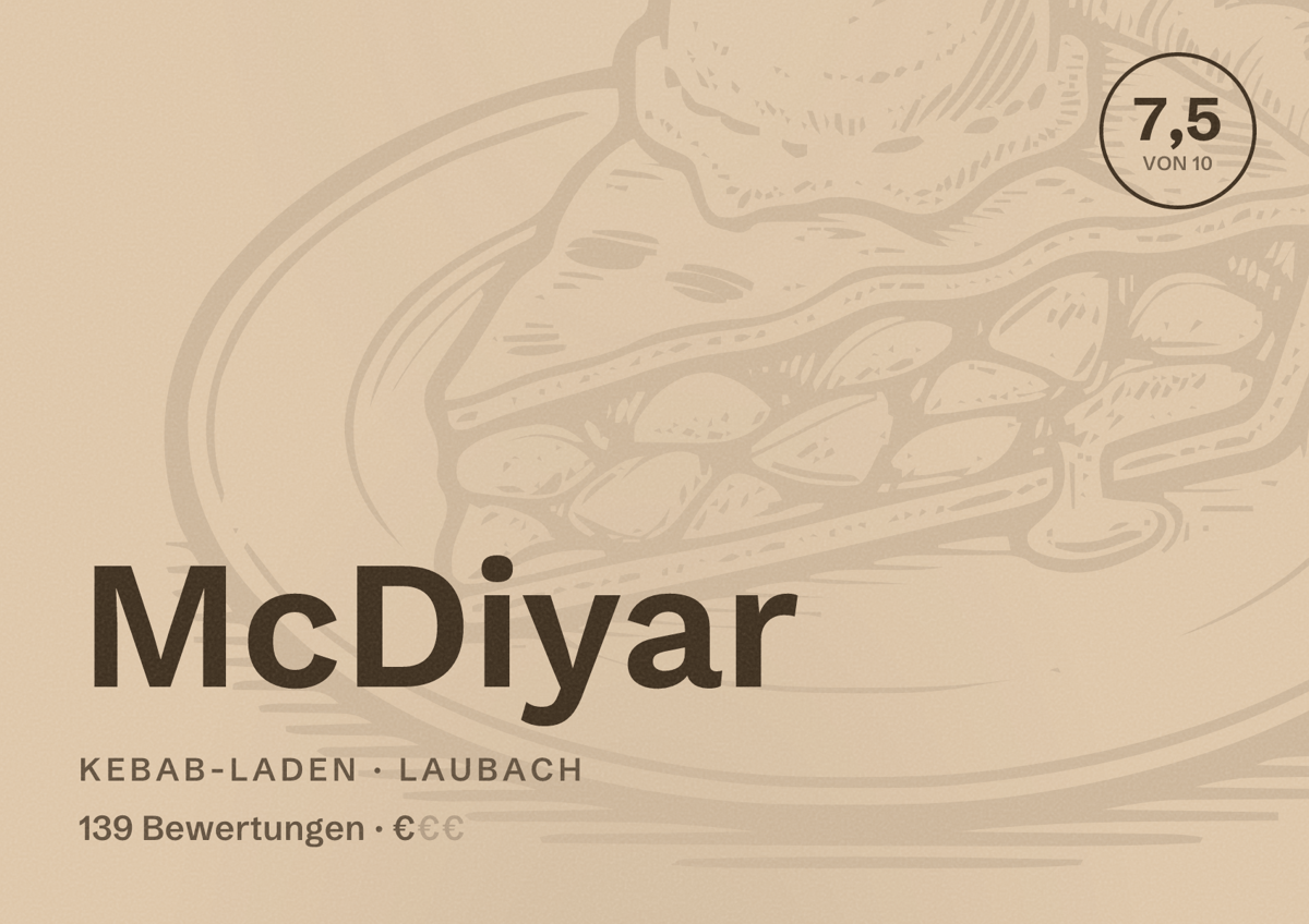 Illustriertes Poster von McDiyar, Kebab-Laden in Laubach: Bewertung 7,5 von 10 aus 139 Bewertungen, Preisniveau €