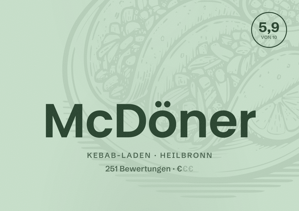 Illustriertes Poster von McDöner, Kebab-Laden in Heilbronn: Bewertung 5,9 von 10 aus 251 Bewertungen, Preisniveau €