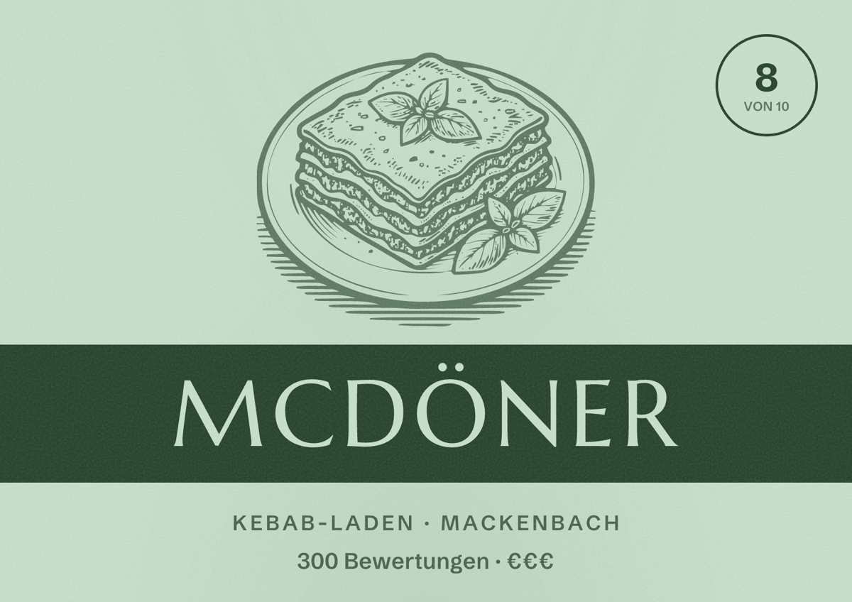 Illustriertes Poster von McDöner, Kebab-Laden in Mackenbach: Bewertung 8 von 10 aus 300 Bewertungen, Preisniveau €€€