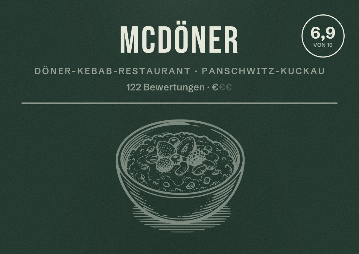 Illustriertes Poster von McDöner, Döner-Kebab-Restaurant in Panschwitz-Kuckau: Bewertung 6,9 von 10 aus 122 Bewertungen, Preisniveau €