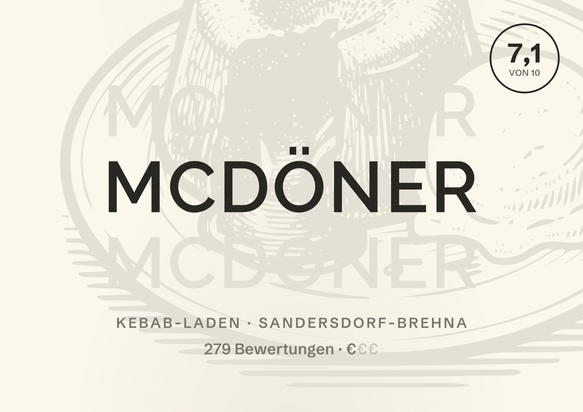 Illustriertes Poster von McDöner, Kebab-Laden in Sandersdorf-Brehna: Bewertung 7,1 von 10 aus 279 Bewertungen, Preisniveau €