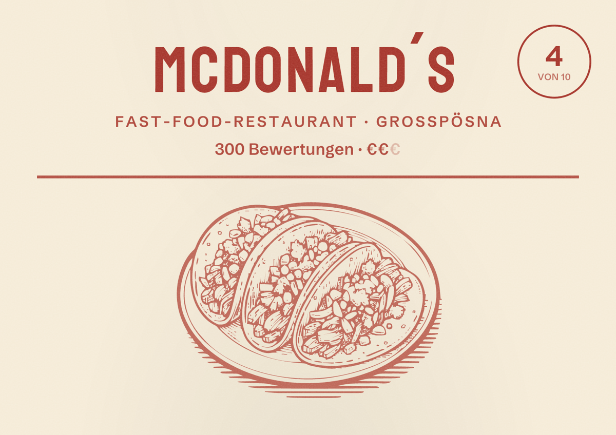 Illustriertes Poster von McDonald´s, Fast-Food-Restaurant in Großpösna: Bewertung 4 von 10 aus 300 Bewertungen, Preisniveau €€