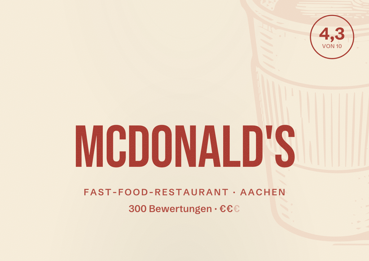 Illustriertes Poster von McDonald's, Fast-Food-Restaurant in Aachen: Bewertung 4,3 von 10 aus 300 Bewertungen, Preisniveau €€