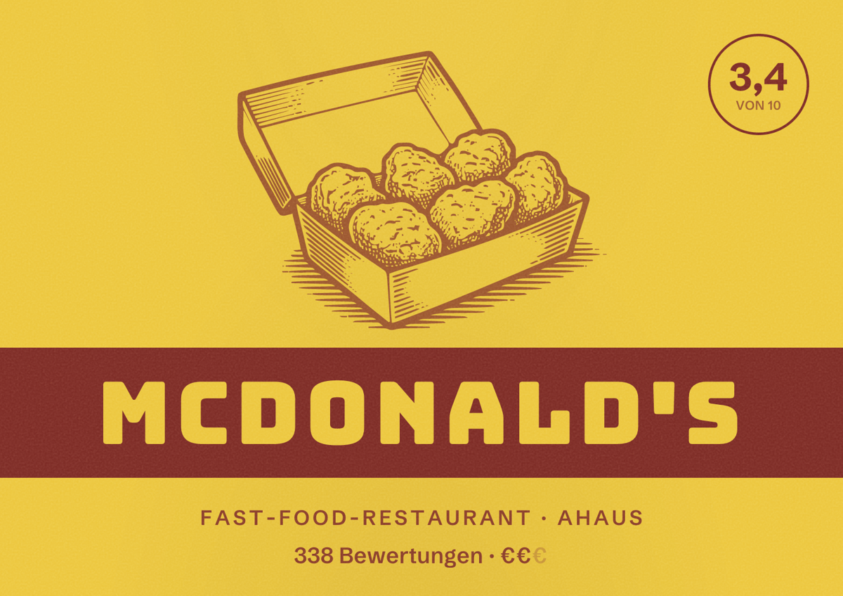 Illustriertes Poster von McDonald's, Fast-Food-Restaurant in Ahaus: Bewertung 3,4 von 10 aus 338 Bewertungen, Preisniveau €€