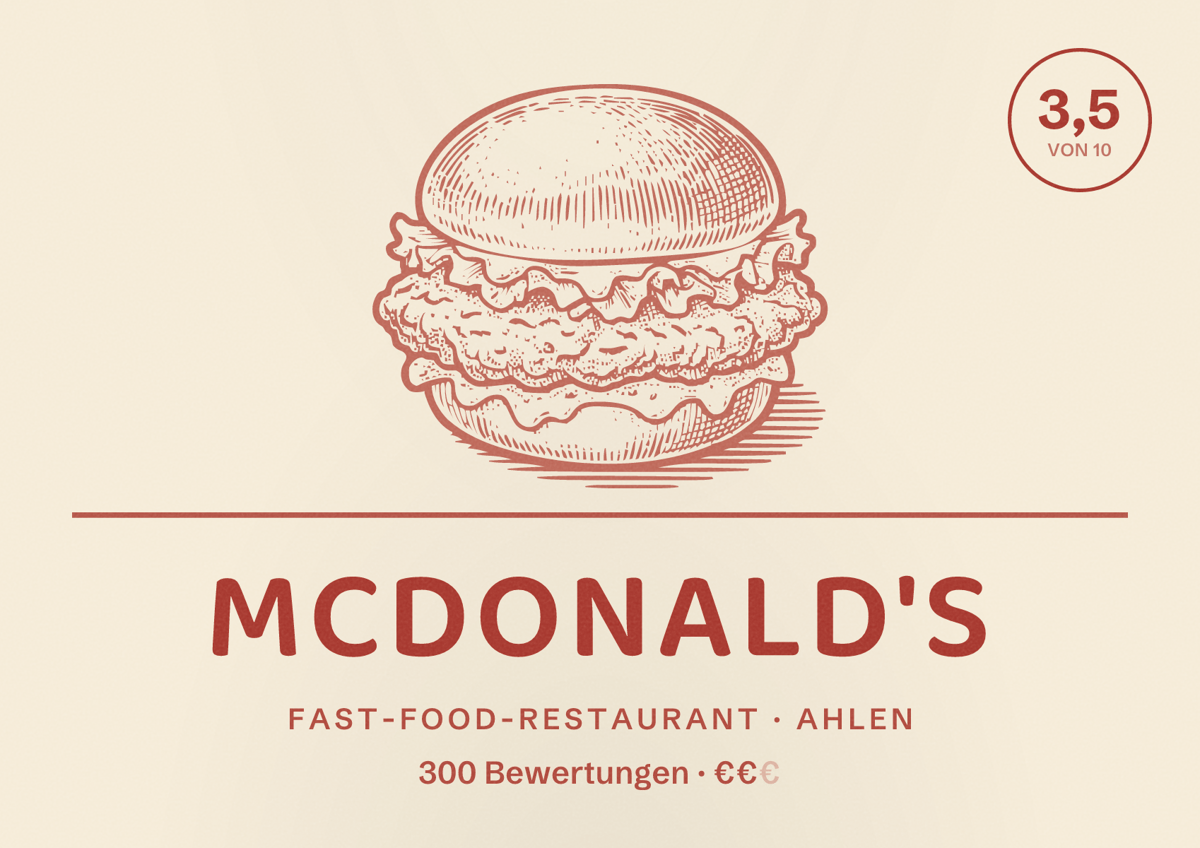 Illustriertes Poster von McDonald's, Fast-Food-Restaurant in Ahlen: Bewertung 3,5 von 10 aus 300 Bewertungen, Preisniveau €€