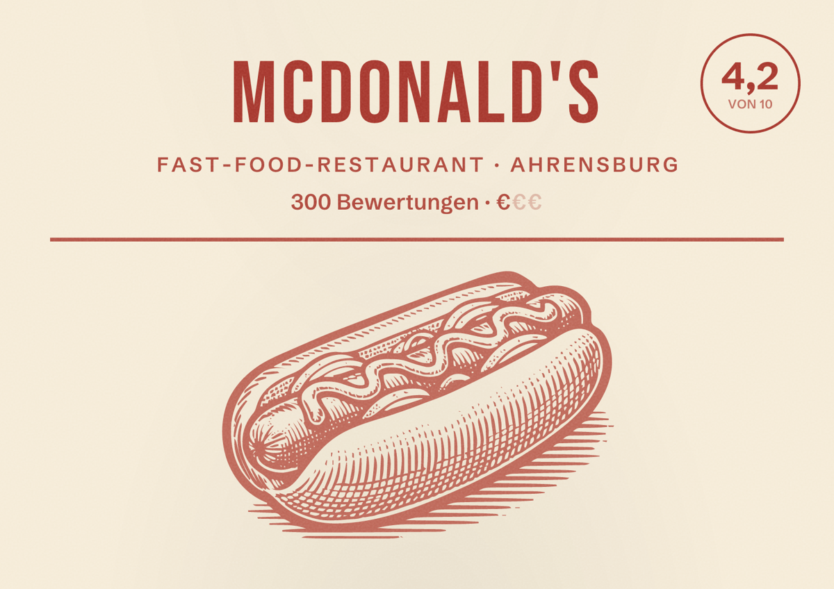 Illustriertes Poster von McDonald's, Fast-Food-Restaurant in Ahrensburg: Bewertung 4,2 von 10 aus 300 Bewertungen, Preisniveau €