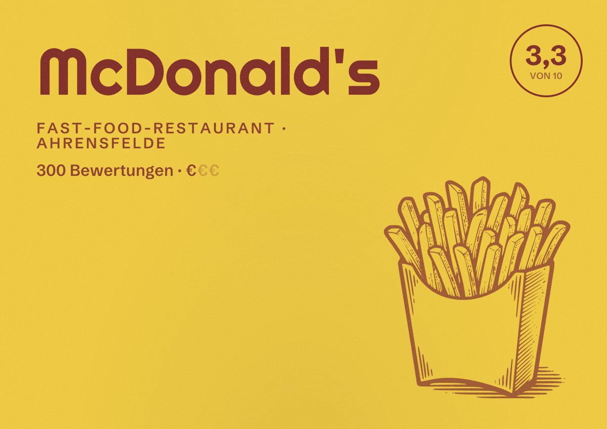 Illustriertes Poster von McDonald's, Fast-Food-Restaurant in Ahrensfelde: Bewertung 3,3 von 10 aus 300 Bewertungen, Preisniveau €