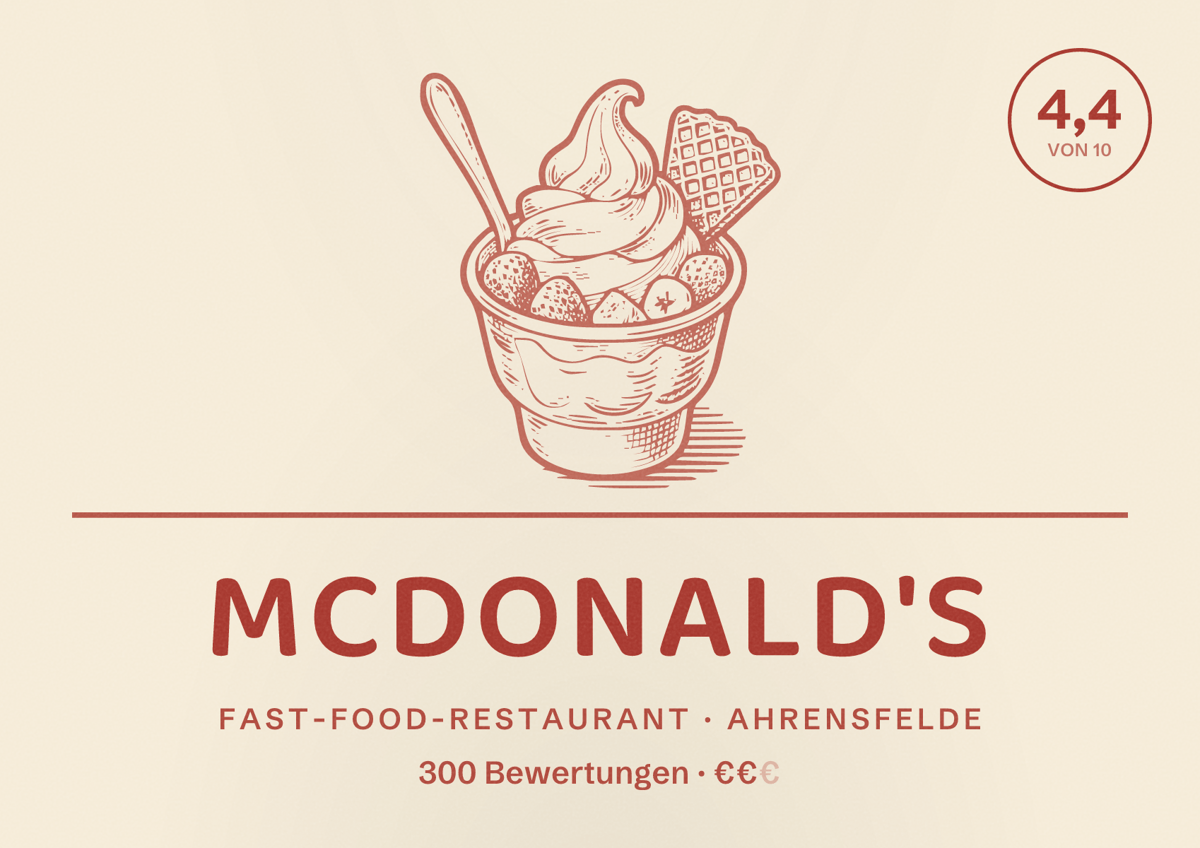 Illustriertes Poster von McDonald's, Fast-Food-Restaurant in Ahrensfelde: Bewertung 4,4 von 10 aus 300 Bewertungen, Preisniveau €€