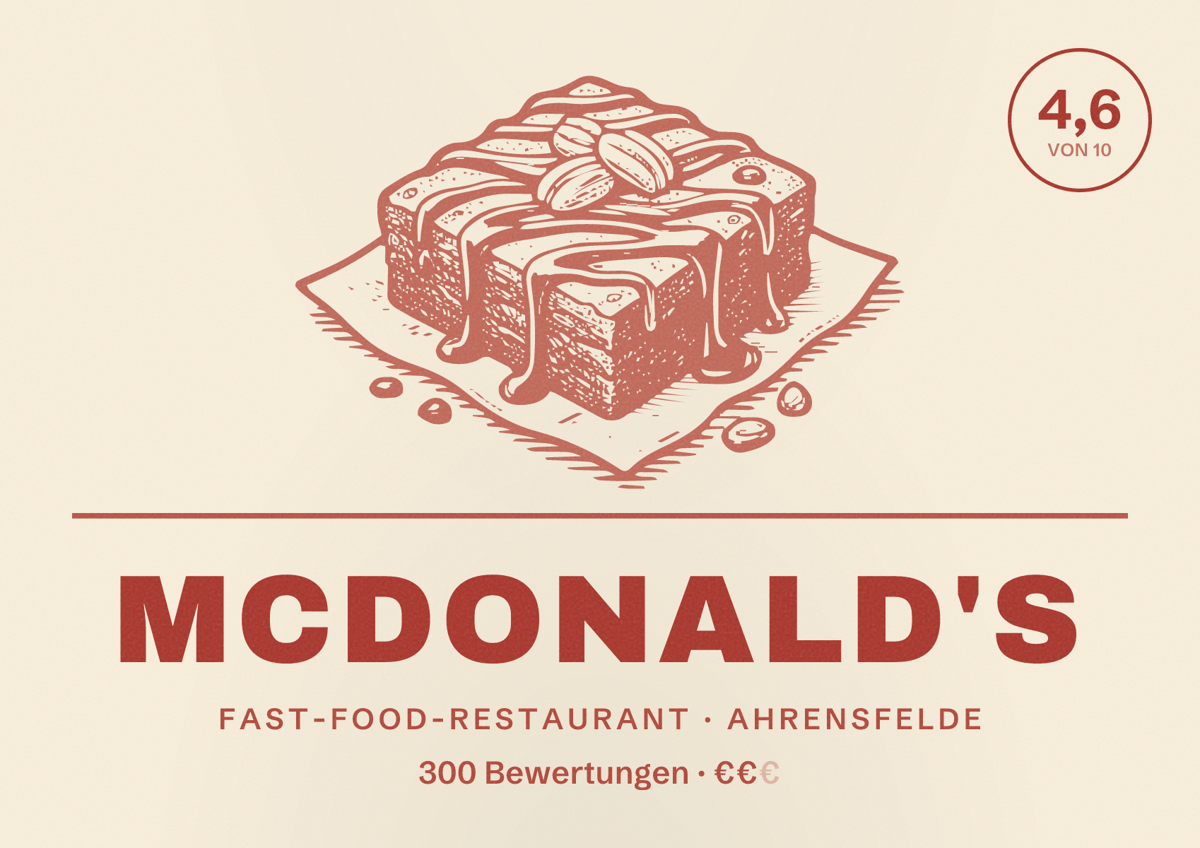 Illustriertes Poster von McDonald's, Fast-Food-Restaurant in Ahrensfelde: Bewertung 4,6 von 10 aus 300 Bewertungen, Preisniveau €€